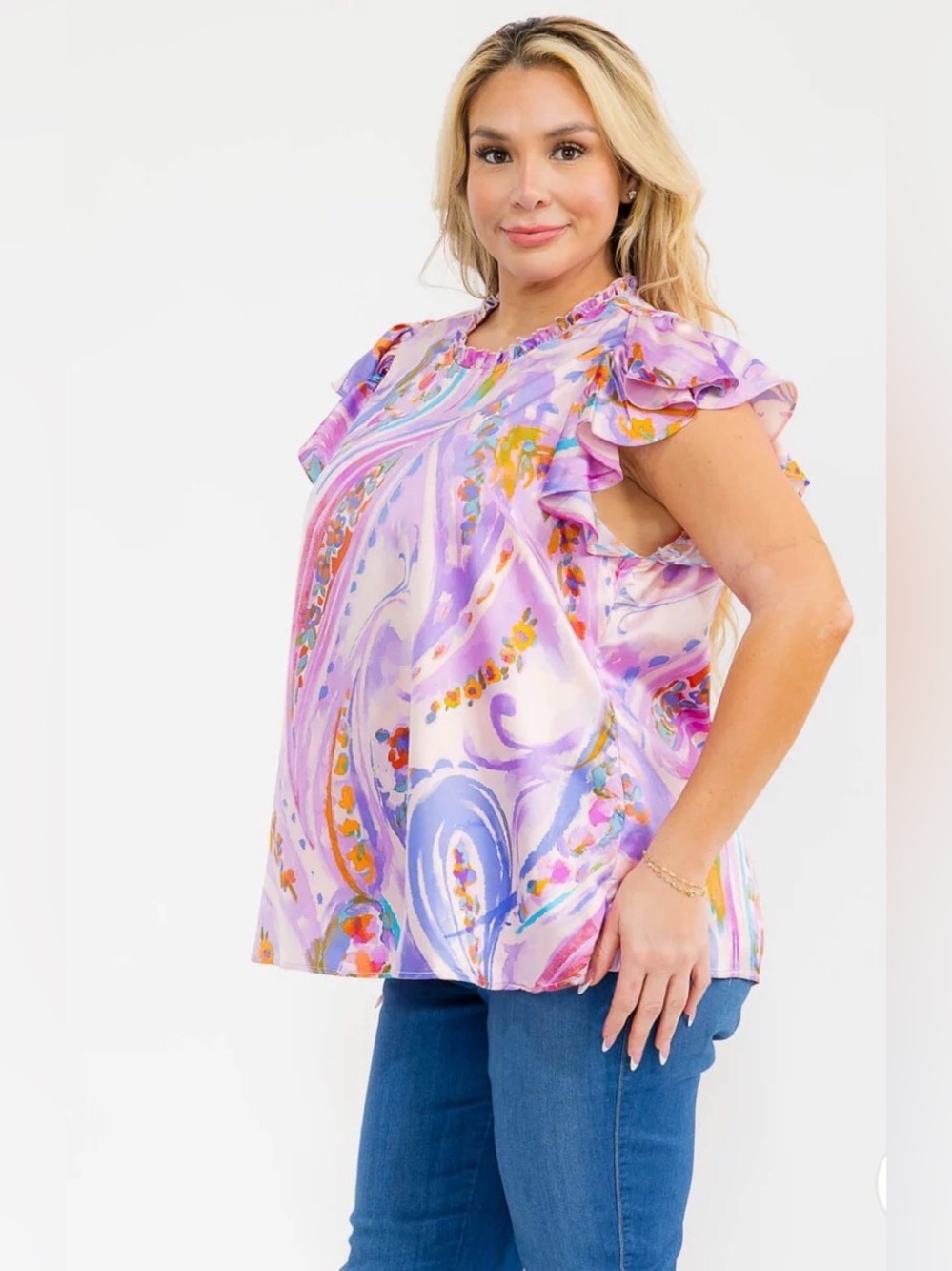 Emily Wonder Women’s 2X Paisley Satin  Lavender Ruffle Blouse Top Shirt NWT
